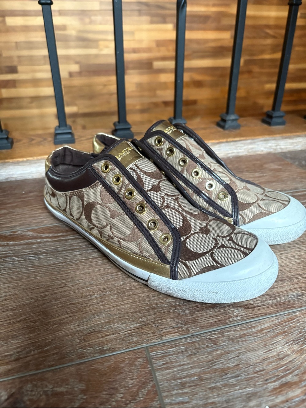 Coach Signature Canvas Slip-On Sneakers Brown Khaki Gold Women’s